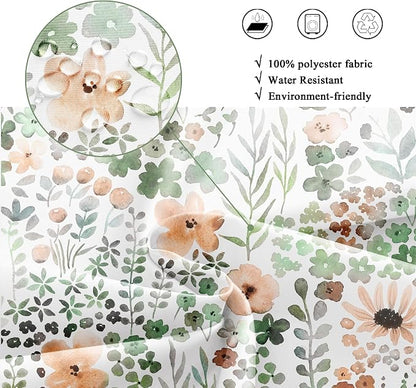 Green Gray Floral Colorful Cute Wildflower Boho Bathroom Shower Curtain Set | 72"W x 72"H Watercolor Funky; waterproof HD print, quick-dry fabric with 12 hooks for easy hanging.