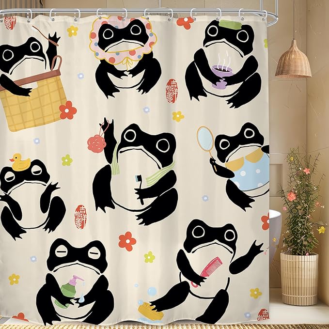 LGhtyro Funny Frog Shower Curtain Bathroom Set 71Wx84H Inches Extra Long Japanese Cute Fun Kids Washing Animal Asian Traditional Floral Bath Accessories Cartoon Art Home Decor Fabric 12 Pack Hooks