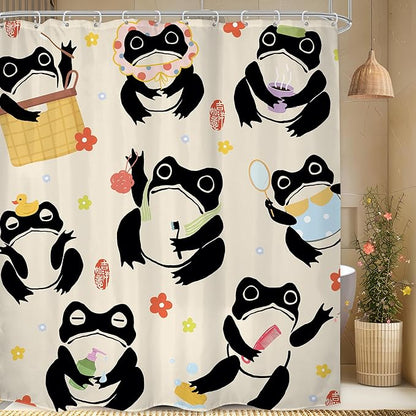 LGhtyro Funny Frog Shower Curtain Bathroom Set 71Wx84H Inches Extra Long Japanese Cute Fun Kids Washing Animal Asian Traditional Floral Bath Accessories Cartoon Art Home Decor Fabric 12 Pack Hooks