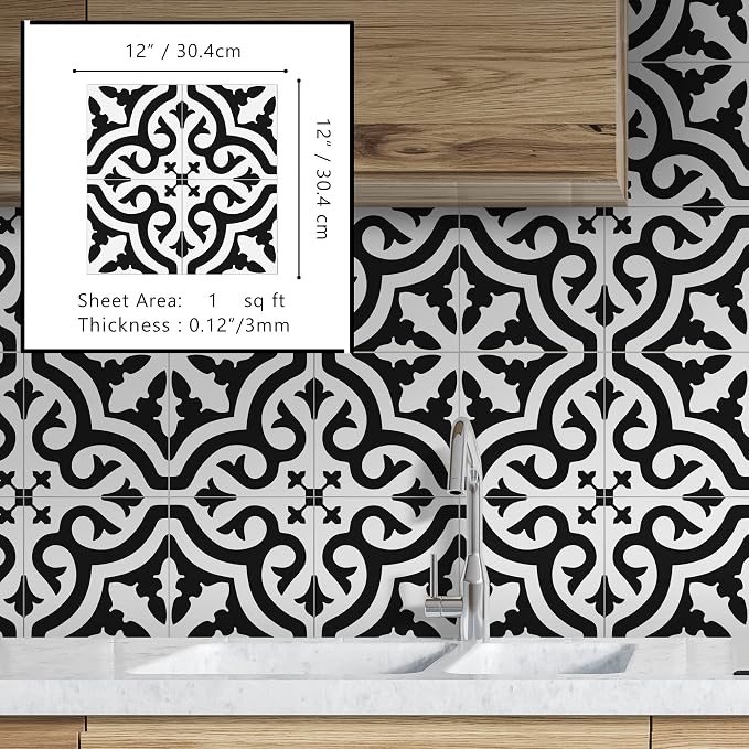 The Tiles Plaza Encaustic Peel and Stick Backsplash, Black and White Patterned Vintage Stick on Tiles, Stone Composite Self-Adhesive Wall Tile Sticker for Kitchen Bathroom Fireplace Stairs, 10 Sheets