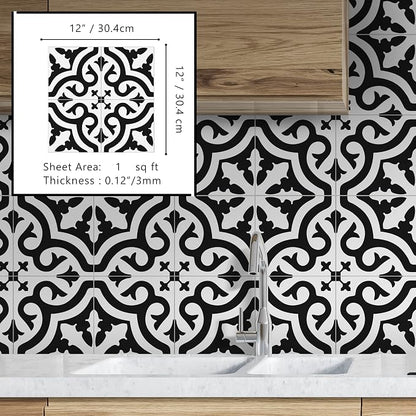 The Tiles Plaza Encaustic Peel and Stick Backsplash, Black and White Patterned Vintage Stick on Tiles, Stone Composite Self-Adhesive Wall Tile Sticker for Kitchen Bathroom Fireplace Stairs, 10 Sheets