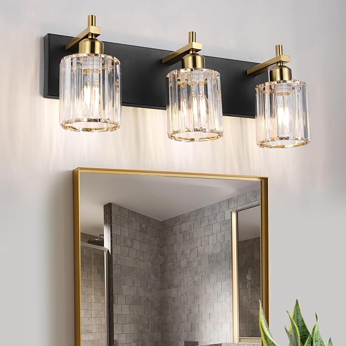 Black and Gold Crystal Bathroom Vanity Lights, 3-Lights Bathroom Light Fixture Over Mirror, 20 Inch Modern Farmhouse Vanity Light, Brass Gold Bath Wall Sconce for Bath Mirror Kitchen Hallway Cabinet