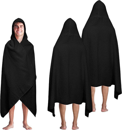 COTTON CRAFT Hooded Bath Towel for Adults – 2 Pack 100% Cotton Bath Sheet | Waffle Weave Oversized 35x70 inch Ringspun Terry Bath Wrap with a hood - Soft Super Absorbent Quick Dry – 450 GSM – Black