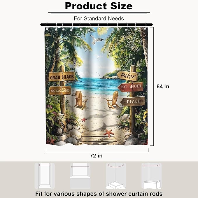 Beach Summer Luxury Shower Curtain Rustic Ocean Palm Tree Inspirational | Nature Shower Curtains for Bathroom, Waterproof Bath Curtain with Hooks Machine Washable Bathtub Curtains 72x84 Inch Green