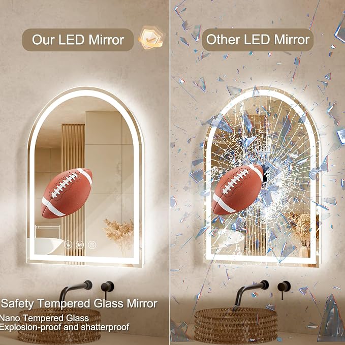 Arched LED Bathroom Mirrors with Lights 24"x32", Anti-Fog,LED Mirrors with Light, Anti-Fog, Dimmable, 3 Color, Shatterproof, Touch Sensor