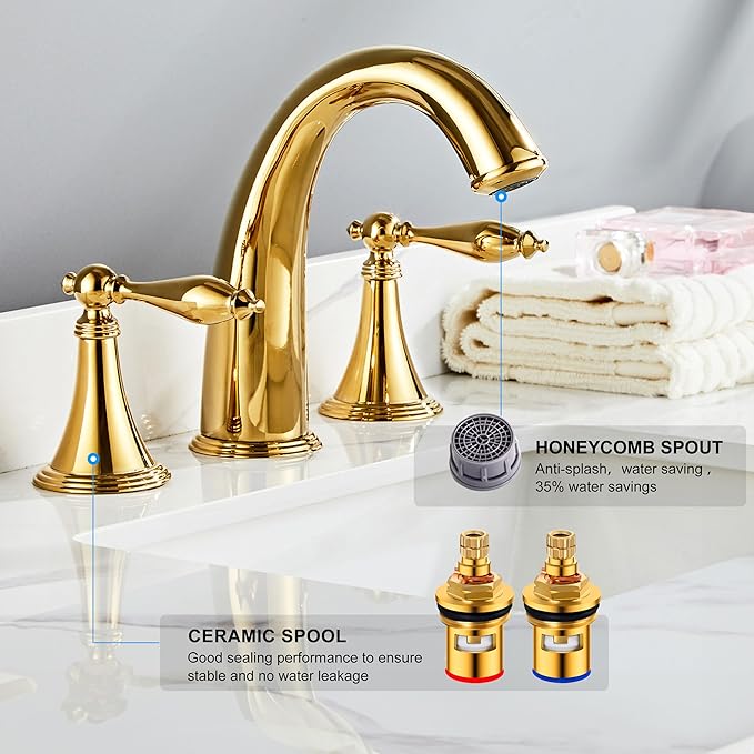 SaniteModar Polished Gold Bathroom Sink Faucet,Brass Bathroom Faucet 3 Hole,Widespread Bathroom Faucet for Sink 3 Hole,2 Handles Design with Water Supply Lines