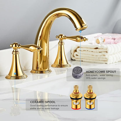 SaniteModar Polished Gold Bathroom Sink Faucet,Brass Bathroom Faucet 3 Hole,Widespread Bathroom Faucet for Sink 3 Hole,2 Handles Design with Water Supply Lines