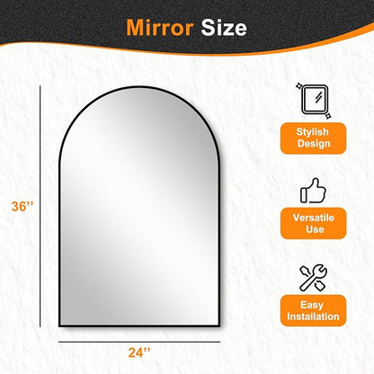 Arched Bathroom Mirror, 24"x36", Black | Wall Mounted, Vanity Mirror, For Bedroom, Living Room and Entryway