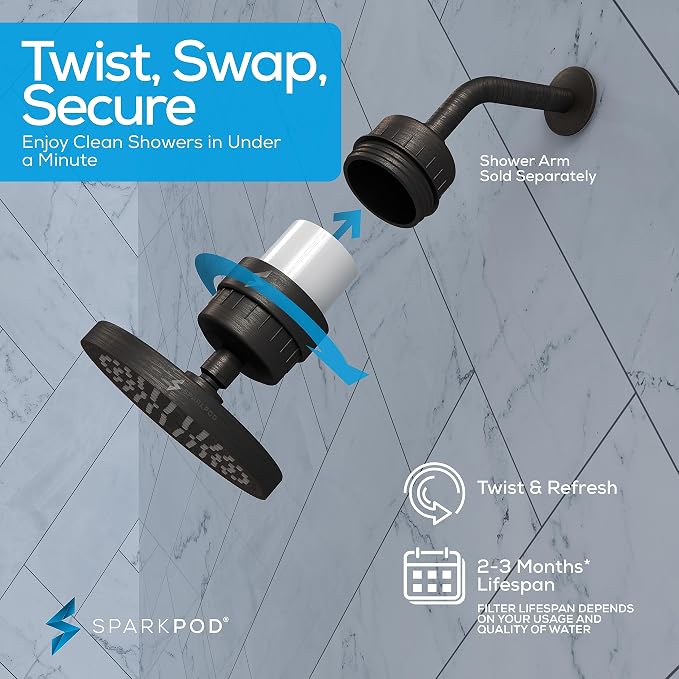 SparkPod Filtered Shower Head, 23-Stage, 6" Round, Oil-Rubbed Bronze | Showerhead for Hard Water, High Pressure, Reduces Chlorine, Heavy Metals, For Dry Skin & Hair, Removable Capsule Filter