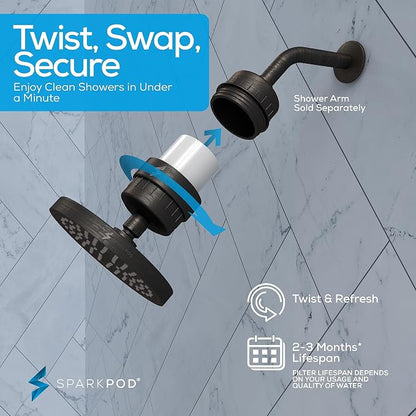SparkPod Filtered Shower Head, 23-Stage, 6" Round, Oil-Rubbed Bronze | Showerhead for Hard Water, High Pressure, Reduces Chlorine, Heavy Metals, For Dry Skin & Hair, Removable Capsule Filter