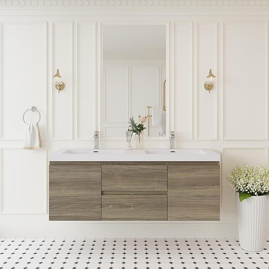 Floating Bathroom Vanity with Double Sinks, 60" Wall-Mounted Bathroom Storage Vanity Cabinet with Resin Top Basin and Soft Close Drawers, No Assembly Required, Ash Grey