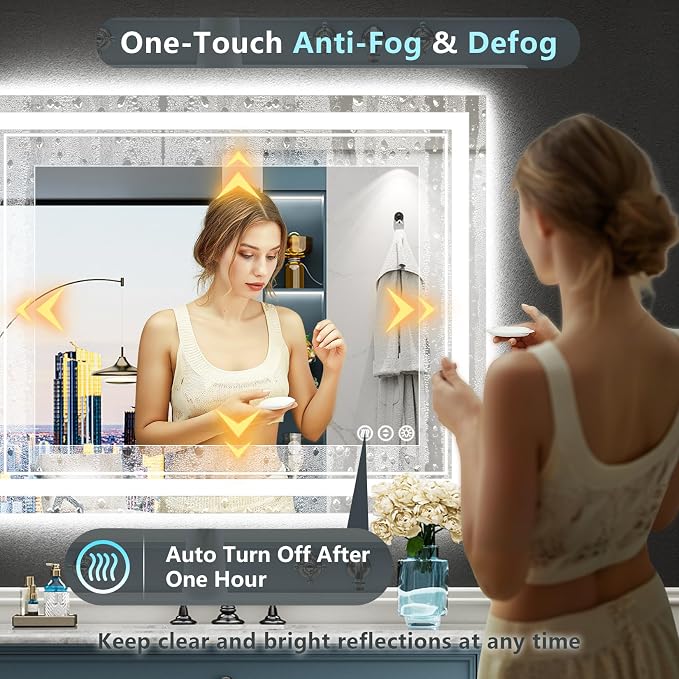 44x30 LED Bathroom Mirror, Backlit & Front Lit Lighted Mirror | Anti-Fog Vanity Mirror with Lights, 3 Color Dimmable, Memory, HD Tempered Glass, CRI95, IP54, UL Listed, Horizontal/Vertical