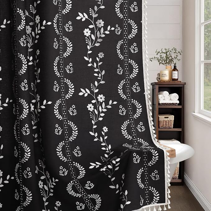Boho Black Vintage Shower Curtain with Tassels 72 x 72 Inch | Bohemian Floral Linen Fabric Pattern Curtain Curtain For Bathroom
