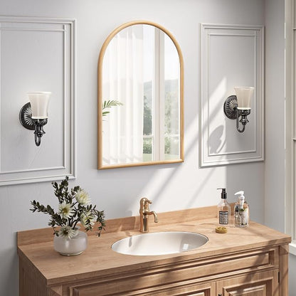 24"x36" Arch Wall Mirror for Wall, Wall Mounted Vanity Mirror for Bedroom, Wood Grain Finish Frame Mirror with Tempered Glass, Vintage Decorative for Bathroom, Entryway, Living Room, Natural