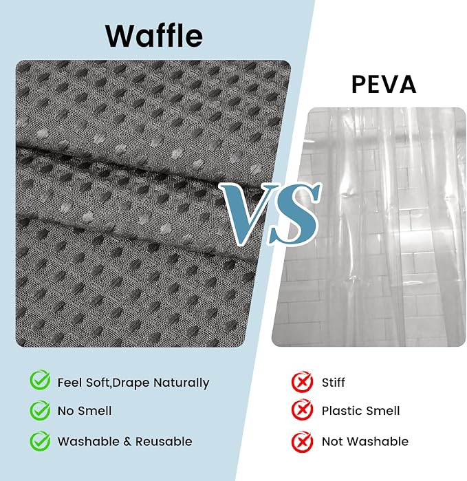 SORTTO No Hook Shower Curtain with Snap in Liner Set Waffle Shower Curtain for Bathroom Hotel Style Fabric Waterproof Inner Liner，71" W x 74" H, Dark Grey