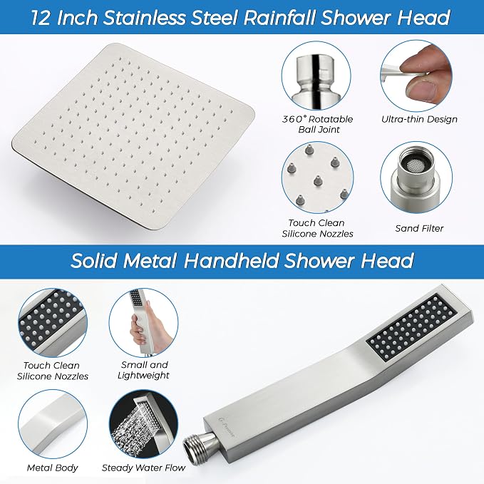 G-Promise All Metal 12 Inches Rainfall Shower Head with Handheld Combo | All Metal, Built to Last, Easy Install, Adjustable Height & Angle for All Heights, Extra Long Hose, Modern Upgrade