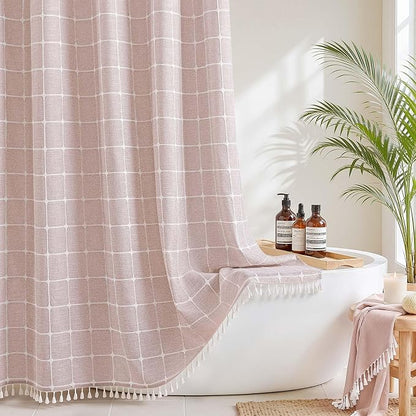 River Dream Farmhouse No Hooks Shower Curtain with Snap-in Liner,Pink,71x74 | Snap on Fabric Liner,Heavy Duty,Quick Dry,Mesh Top Window,With Bottom Magnets,Washable,with Tassels,Standard Size