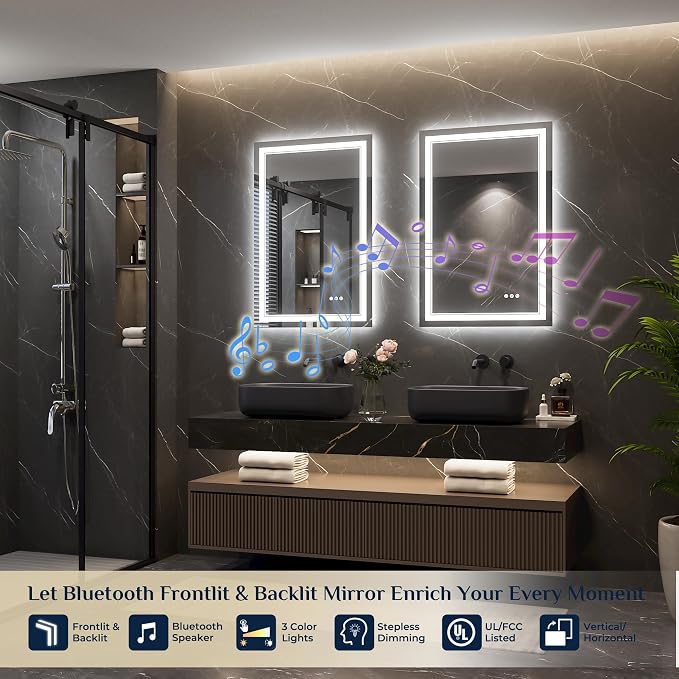 Keonjinn 24" x 36" LED Bathroom Mirror with Lights, Frontlit & Backlit | Bluetooth Speaker, Bluetooth Mirror Bathroom, Dimmable 3-Color Lights, Tempered Glass, Anti-Fog, CRI90+, Plug-in/Hardwired