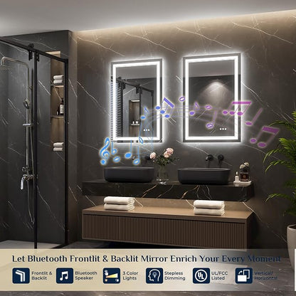 Keonjinn 24" x 36" LED Bathroom Mirror with Lights, Frontlit & Backlit | Bluetooth Speaker, Bluetooth Mirror Bathroom, Dimmable 3-Color Lights, Tempered Glass, Anti-Fog, CRI90+, Plug-in/Hardwired