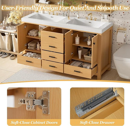 60 Inch Bathroom Vanity with Double SMC Resin Sink, 60 Double Sink Bathroom Vanity, Bathroom Vanity 60" Double Sink with Soft-Close Doors and Drawers, 4 Doors, 5 Drawers, Adjustable Shelves (Wood)