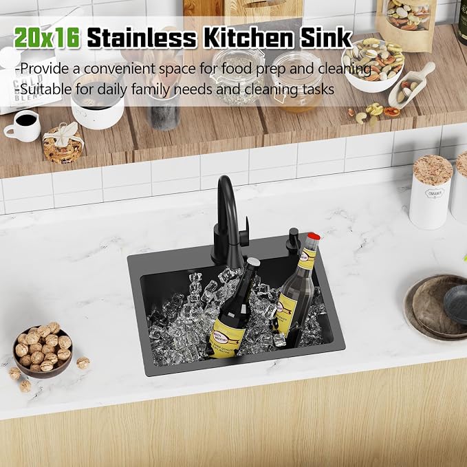 Black 20x16 In Kitchen And Bar Sink- Stainless Steel Drop In Kitchen Sink Modern Single Bowl Topmount Bar Sink With Silicon Mat,Drain Strainer Set Compatibility With Various Kitchen & Bar Style