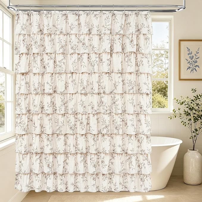 Long Farmhouse Floral Shower Curtain, Ruffle Bathroom Curtains, 72"Wx78"L | Brown Floral Print, Ruflle Design, 12 Metal Hooks, Vintage Rustic Washable Waterproof Shower Curtain for Bathroom Bathtub