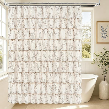 Long Farmhouse Floral Shower Curtain, Ruffle Bathroom Curtains, 72"Wx78"L | Brown Floral Print, Ruflle Design, 12 Metal Hooks, Vintage Rustic Washable Waterproof Shower Curtain for Bathroom Bathtub