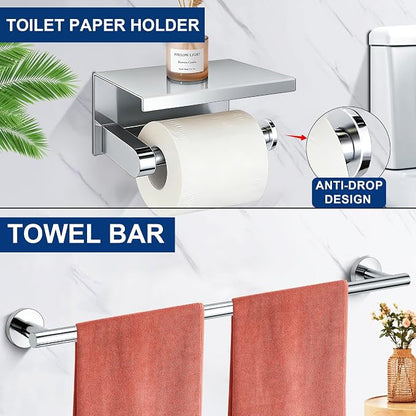 5 Pieces Bathroom Hardware Accessories Set Polished Chrome, 24Inch RoundTowel Racks Set for Bathroom, SUS304 Stainless Steel Towel Bar Set, Toilet Paper Holder with Shelf Wall Mounted