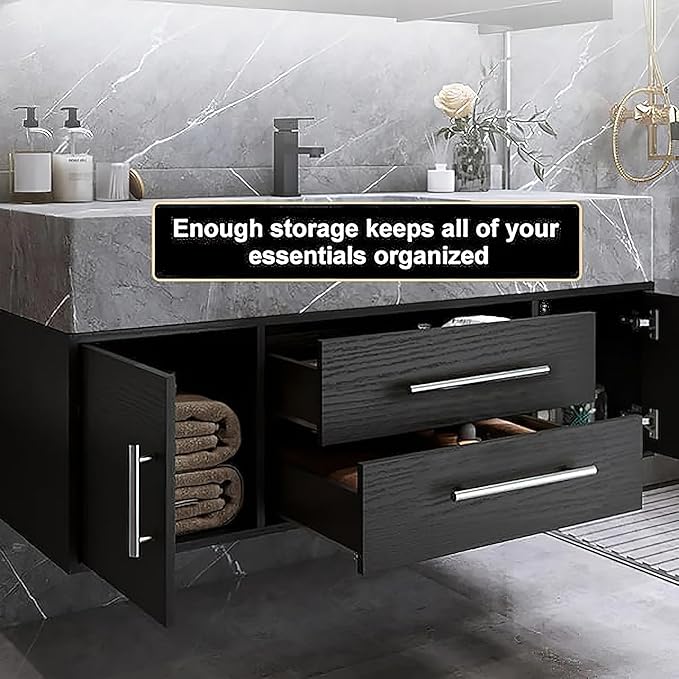 Bathroom Vanity with Sink 39.5" Floating Bathroom Vanity Sintered Stone Modern Bathroom Vanity Set, Black (Wall Mounted, Silver Handle)