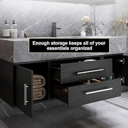 Bathroom Vanity with Sink 39.5" Floating Bathroom Vanity Sintered Stone Modern Bathroom Vanity Set, Black (Wall Mounted, Silver Handle)