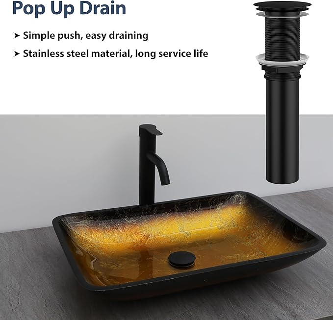 Logmey 22" Glass Bathroom Vessel Sink Vanity Countertop Rectangular Bowl with Black Pop up Drain Set,Glass Art Basin,Yellow Gradient