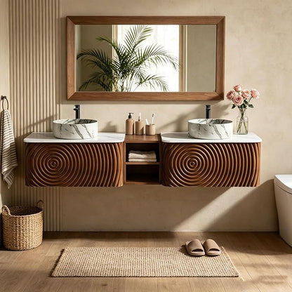 72" Floating Bathroom Vanity with Double Sink, Mid-Century Wall Mounted Bathroom Vanity Cabinet with Wood Waved Decor, Marble Ceramic Basin, Sintered Stone Top, Soft Close Drawer, Side Open Cube