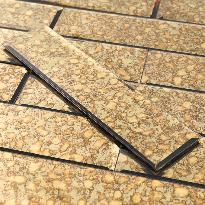 Peel and Stick Beveled Gold Antique Mirror Tile Subway Mirror Glass Backsplash 3x12 Inch for Kitchen Bathroom Wall (20 Pcs, 5 SQ.FT.)
