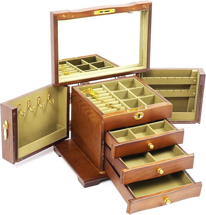 Extra Large 4 Layers Wooden Jewelry Box Jewelry Case Cabinet Armoire Ring Necklacel Gift Storage Box Organizer (4 Layers,Brown)