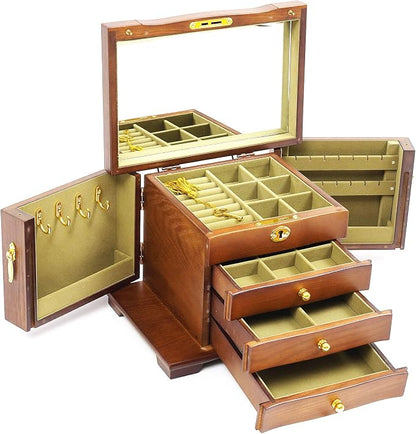 Extra Large 4 Layers Wooden Jewelry Box Jewelry Case Cabinet Armoire Ring Necklacel Gift Storage Box Organizer (4 Layers,Brown)
