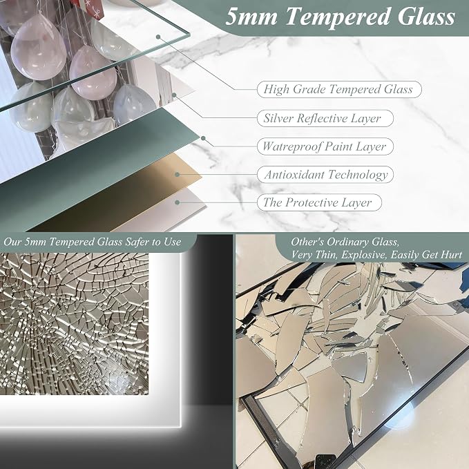 SBAGNO 36''x28'' LED Bathroom Mirror with Lights, Bluetooth Speaker | Stepless Dimmable, 3 Color Temperature, Anti-Fog, Tempered Glass, Touch Control, Lighted Smart Mirror for Bathroom