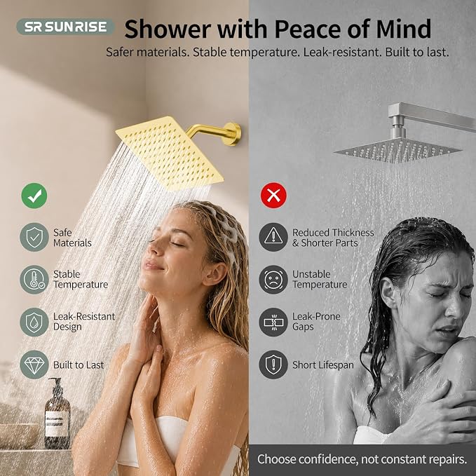SR SUN RISE Shower System - Shower Faucet Set with 8 Inch Rain Shower Head and Handheld Shower - High Pressure Rain Shower System - All Metal Shower Faucet Trim Repair Kits - Brushed Gold