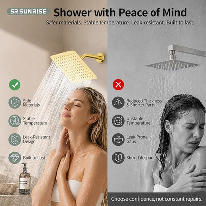 SR SUN RISE Shower System - Shower Faucet Set with 8 Inch Rain Shower Head and Handheld Shower - High Pressure Rain Shower System - All Metal Shower Faucet Trim Repair Kits - Brushed Gold