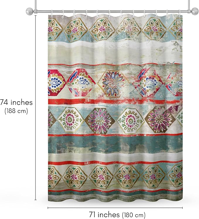 Americanflat 71x74 Boho Shower Curtain - Water-Resistant Long Shower Curtain with Durable Metal Grommets and 12 Hooks - 100% Polyester - Turquoise, Rust Red, Magenta and Olive Green