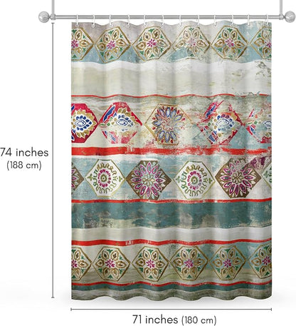 Americanflat 71x74 Boho Shower Curtain - Water-Resistant Long Shower Curtain with Durable Metal Grommets and 12 Hooks - 100% Polyester - Turquoise, Rust Red, Magenta and Olive Green