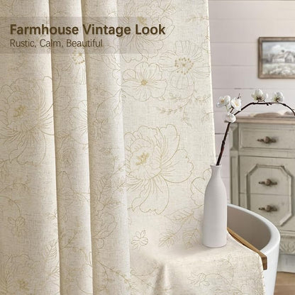 Farmhouse Floral Linen Shower Curtain, Vintage Beige Embroidered Pattern Rustic Shower Curtains for Bathroom, Tan Taupe,72x72