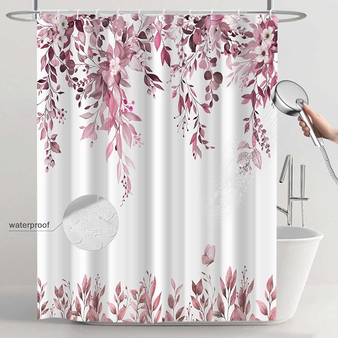Dark Red Floral Eucalyptus Shower Curtain with Hooks, 72x78 Inch | Waterproof Fabric, Watercolor Leaves and Floral, Botanical Style, Machine Washable, Quick-Drying, for Hotel Bathroom