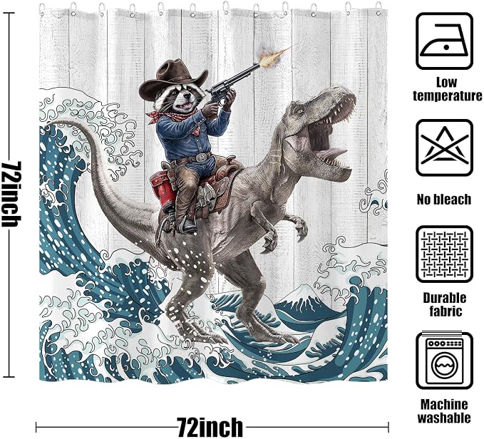 Accnicc Funny Raccoon Dinosaur Shower Curtain for Bathroom 72 X 72 Inch | Fun Cool Animal Dino Shower Curtains, Japanese Ocean Wave Kids Bath Curtain Decor, Water-Resistant Washable Polyester Fabric