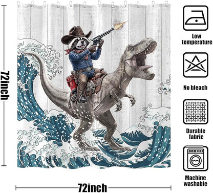 Accnicc Funny Raccoon Dinosaur Shower Curtain for Bathroom 72 X 72 Inch | Fun Cool Animal Dino Shower Curtains, Japanese Ocean Wave Kids Bath Curtain Decor, Water-Resistant Washable Polyester Fabric