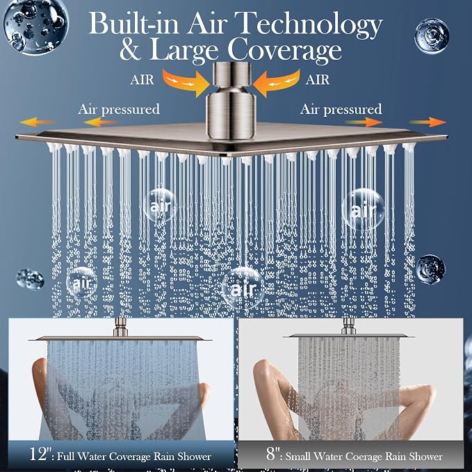 12'' Nickel Shower Head Combo with 16'' Flexible Height/Angle Extension Arm | High Pressure Rainfall Shower Head with 5 Setting Spray Hand held Shower Head, Stainless Steel and Anti-leak