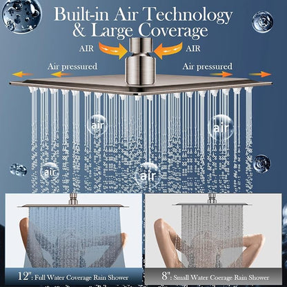 12'' Nickel Shower Head Combo with 16'' Flexible Height/Angle Extension Arm | High Pressure Rainfall Shower Head with 5 Setting Spray Hand held Shower Head, Stainless Steel and Anti-leak