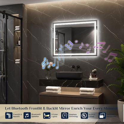 Keonjinn 40" x 30" LED Bathroom Mirror with Lights, Frontlit & Backlit | Bluetooth Speaker, Bluetooth Mirror Bathroom, HD Tempered Glass, 3000K/4500K/6000K, Dimmable, Fast & Safe Defogging, CRI90+