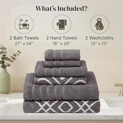 Modern Threads Classic Diamond 6-Piece 100% Cotton Towel Set – Yarn Dyed Jacquard – Includes 2 Bath Towels, 2 Hand Towels, 2 Washcloths – Absorbent, Quick Dry, Soft & Durable – Gray