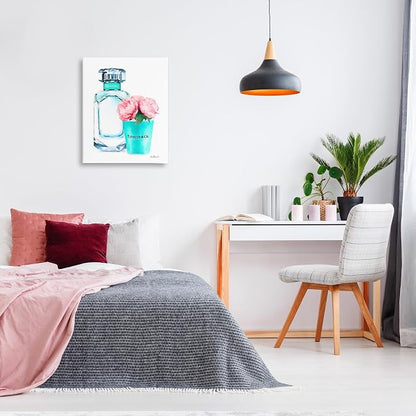 The Stupell Home Décor Collection Teal Blue Perfume Bottle and Pink Peonies Stretched Canvas Wall Art, Multi-Color, 24 x 30, Gallery Wrapped Canvas | Stupell Industries · By Amanda Greenwood · Ready to hang · Chic gift for home decor · Made in USA
