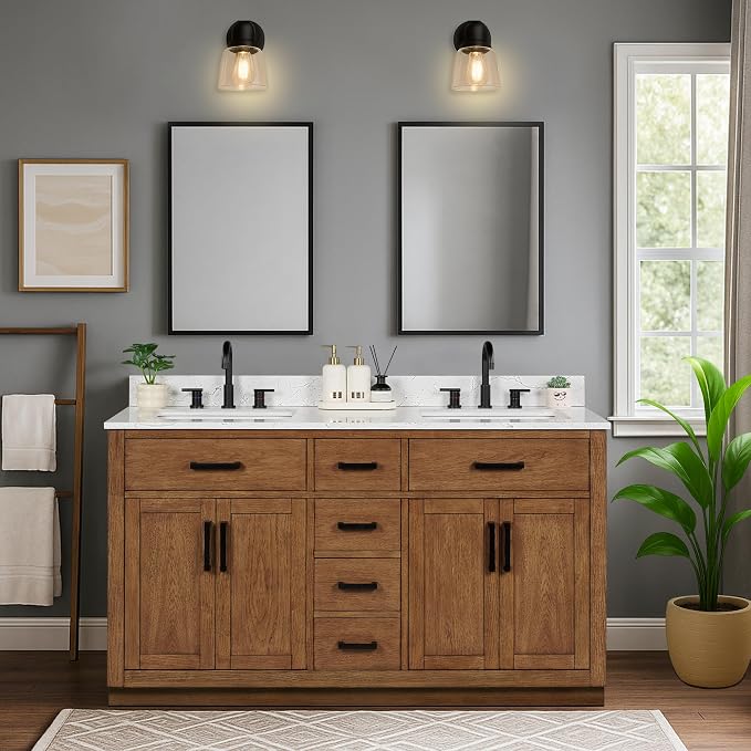 60-inch Dark Walnut Bathroom Vanity with 2 Sinks, Solid Wood, 0.79-inch Stone Countertop and Backsplash, 6 Drawers, 4 Soft Closing Doors